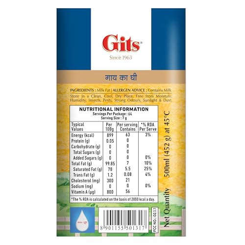 Image of Gits Cow Ghee 500 ml carton | Pack of 2 | Aroma in every drop |Pure Veg, Pure Cow Ghee, Desi Ghee, No preservatives | Rich Taste & Aroma | Good source of Vitamin A, Delicious, Healthy & Nutritious | Good for Digestion, Heart, Skin and Hair | Homemade taste