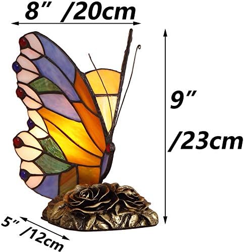 Bieye L31406 8-inches Butterfly Tiffany Style Stained Glass Table Lamp with Metal Base, 9-inch Tall