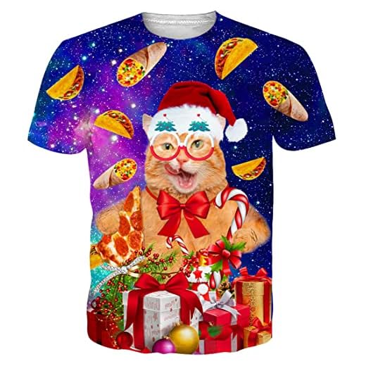 Loveternal Unisex Camiseta 3D Impreso Gato navideño T-Shirt Casual Verano Manga Corta Tops Lobo T-Shirt XXL