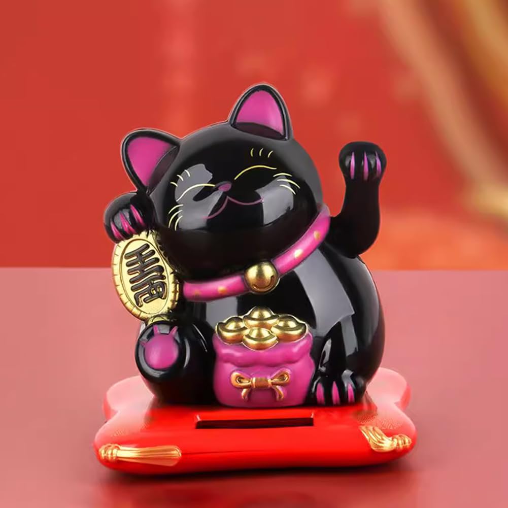 Gatto Ondeggiante Solare, Maneki Neko Fortunato, Alimentato Ad Energia Solare per Negozi, Ristoranti E Decorazioni per La Casa (Nero)