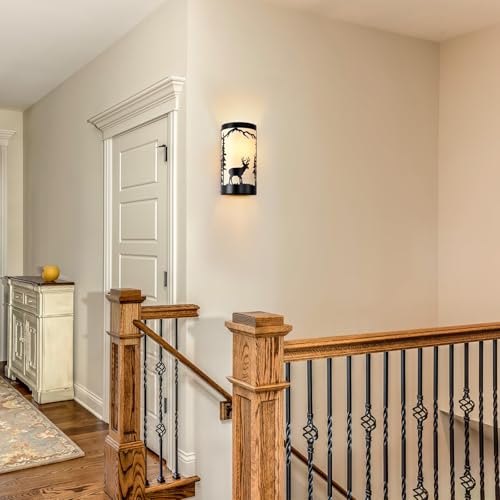 Image of Wall Sconces Set of Two,Deer Cream White Parchment Rustic Wall Sconces,Farmhouse Black Sconce Light,Industrial Metal Indoor Wall Lamps for Bedroom,Living Room,Hallway(Hardwired Only)