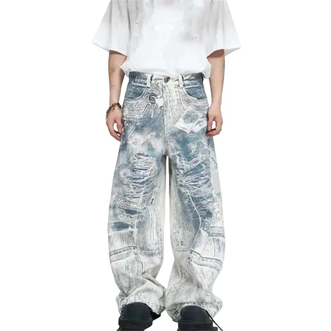 Mens Printed Vintage Denim Jeans - Baggy Wide Leg Street High End Concise Comfort Classic Fit Pants