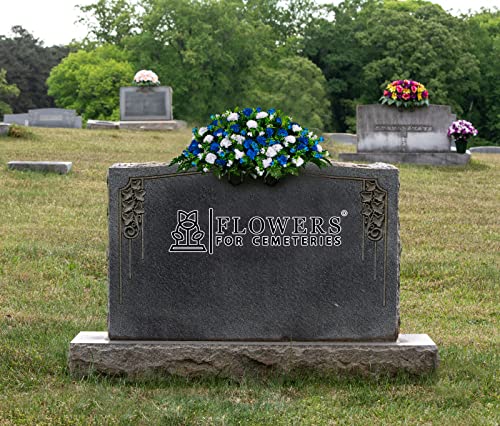 Sympathy Silks Artificial Cemetery Flowers - Realistic - Outdoor Grave Decorations - Monument Flowers - Blue And White Mini Mums - Saddle For Headstone #TOP2