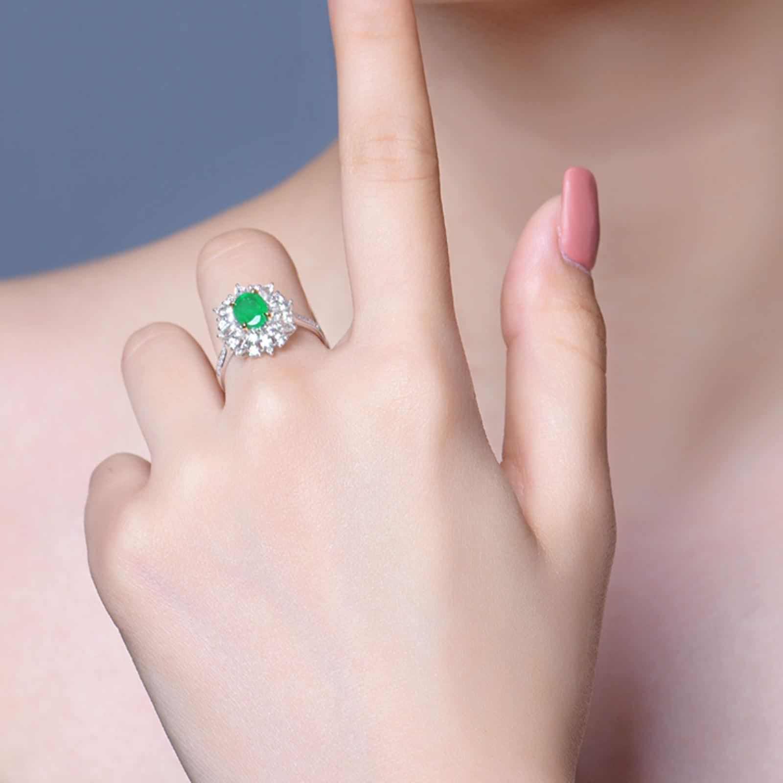 Alianzas Boda Plata, Anillos Mujer Bisuteria Óvalo de 4 Garras con Incrustaciones de Forma de Flor Esmeralda Creada En Laboratorio