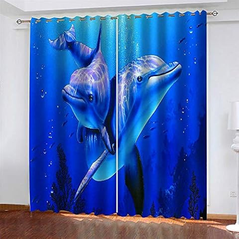 LLWERSJ Curtains Blackout dolphin Insulated Curtains Eyelet Printed Curtains Pencil Pleat Polyester Microfibre Childrens kitchen living room Bedroom 110x215cm x 2 pcs Cover