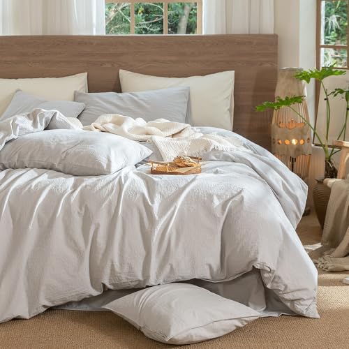 Image of MooMee Wavy Striped Duvet Cover Set 100% Washed Cotton Linen Like Textured Breathable Durable Soft Comfy (Light Grey, Palatial King /Oversized King 120 inchx98 inch)