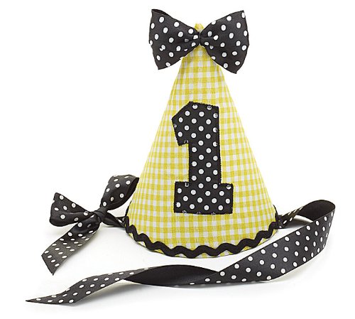 BURTON AND BURTON 1st Birthday Party Hat #1 Yellow Gingham Black Dot Fabric Ribbon Tie Bumble Bee