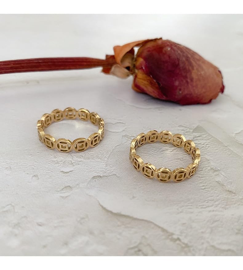 ENDLESSNESS & ETERNITY Lucky Feng Shui Copper Coin Band Ring 14K Gold Plated Stainless Steel Money Wealth Band Boost Energy3