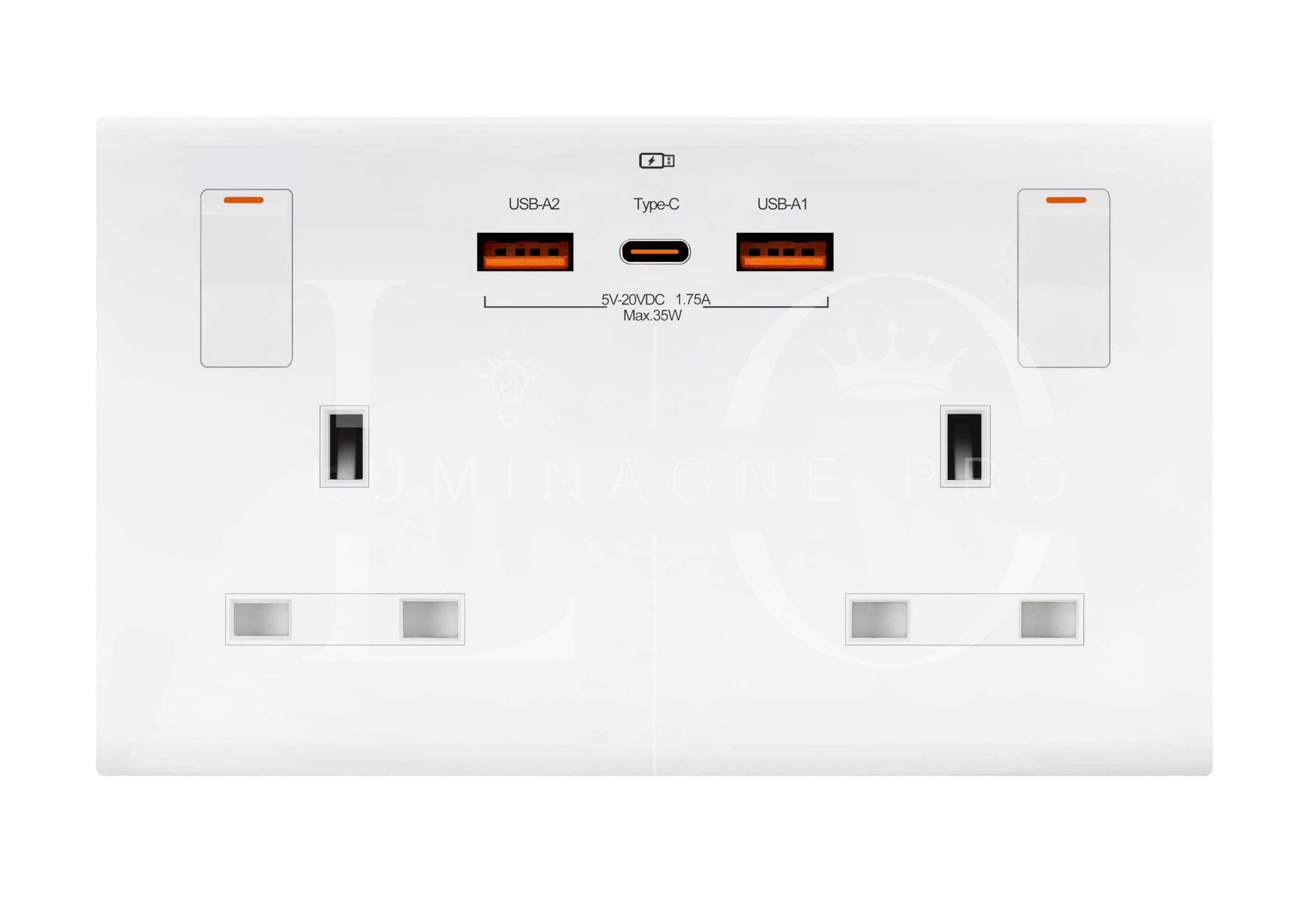 Double Switched Wall Plug Socket with USB-C & USB-A, 13A 2-Gang, PD35W Output, Screwless White (Use a 35mm-Deep Back Box)