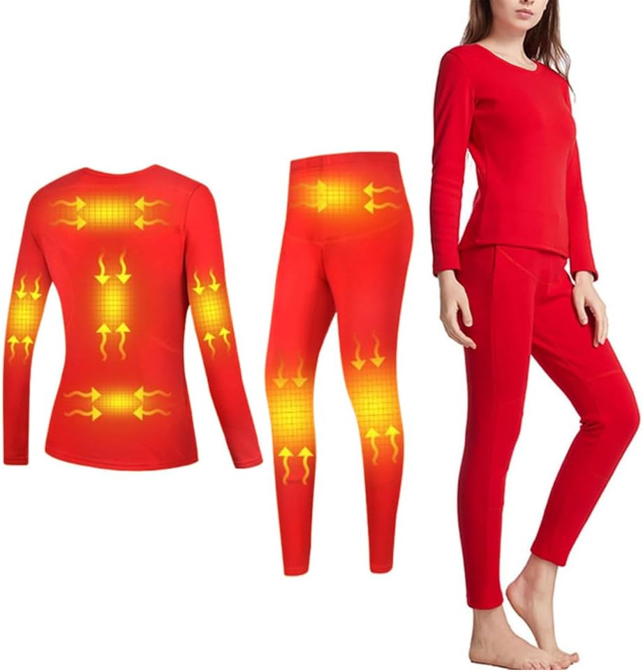 Women Heated Underwear Set, Ladies USB Heated Thermal Underwear with 8 Heating Zones, Thermal Clothes for Womens,Red,L