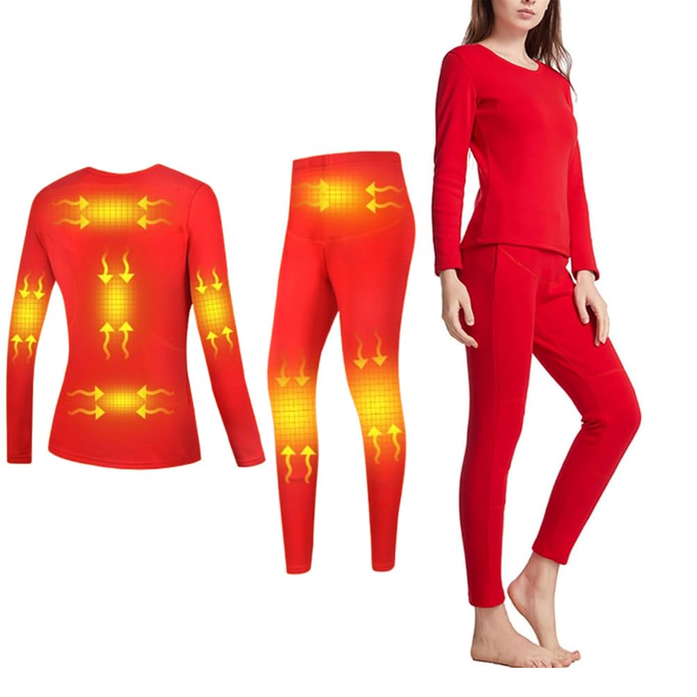 Conjunto de Ropa Interior Térmico para Mujer, Ropa Termica Mujer con Carga USB y 8 Zonas Calefactoras, Conjunto Termico Mujer para Ciclismo, Esquí, Running, Gimnasio y Deporte,Rojo,M