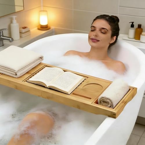 Bambus-Badewannenablage, Ausziehbares Teakholz-Badewannenablag, Hölzerne Badewannenablages & Badewannenregal, Badewannenablage-Caddy für die Badewanne, Geschenke für Mama, Einweihungsfeier, Jubiläum.