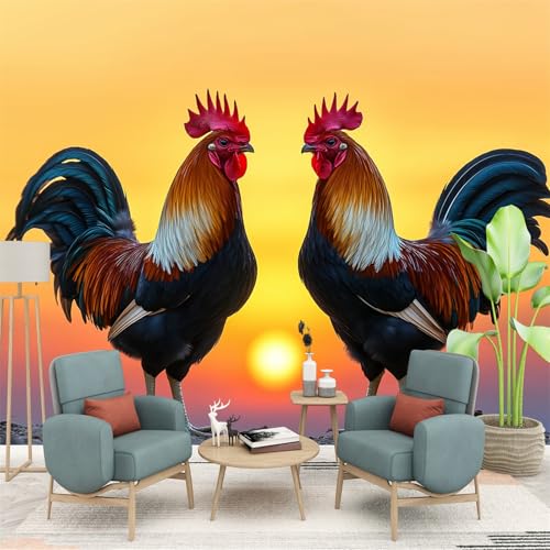 Fotomurales fotográfico impreso Gallos lado a lado Papel pintado fotográfico de tejido no tejido 250 x 175 cm arte fotográfico pared de Amarillo negro pintado de pared imagen de pare