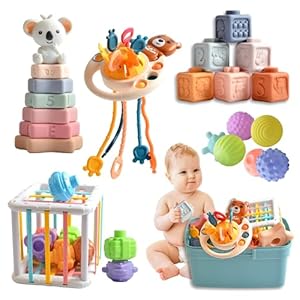 Baby Toys for 6 to 12 Months，montessori baby toy for Toddlers 1-3, baby bath toy, 6 in 1 Stacking Blocks set, Pull String Toy, infant toys Soft Stacking Rings and Toy Storage Box