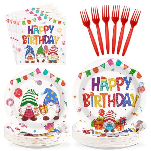 Greencian 96Pcs Gnome Birthday Colorful Rainbow Party Decorations Serves 24