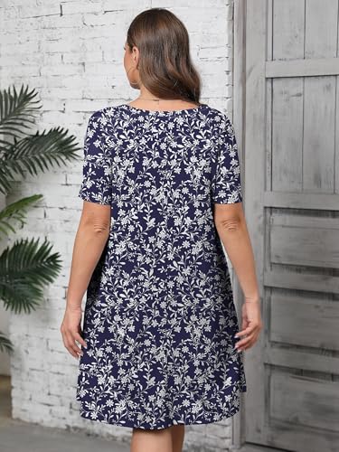 Image of AusLook Plus Size Midi Dress for Women Casual Summer Short Sleeve A Line Swing Dress with Pocket Round Neck Flowy Dress 1X-5X