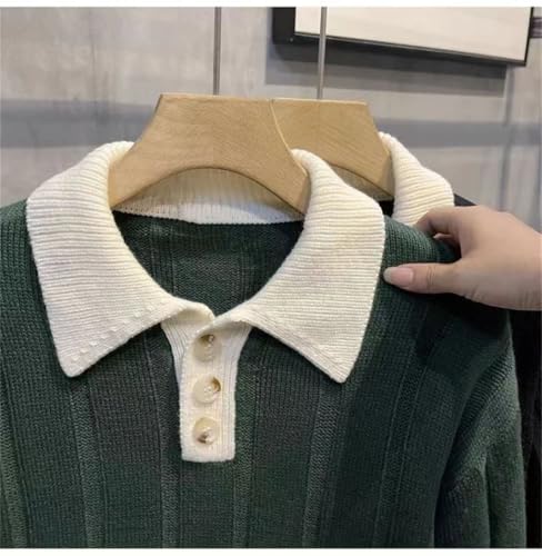 Men's Knitting Casual Turn-Down Collar Button Contrast Color Stripe Slim Sweater Tops4