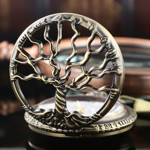Image of Tiong Pocket Watch Hollow Tree of Life Design Roman Numerals Engraved Bible Verse Quartz Pocket Watch with Chain Custom Pocket Watch Birthday Gifts