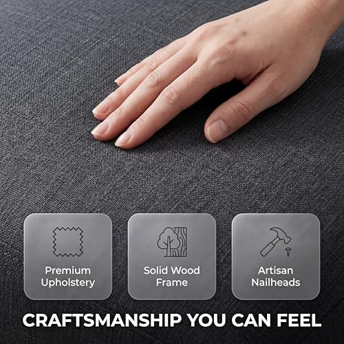 Image of HNY Mid Century Modern Dining Chairs Set of 6, Farmhouse Linen Fabric Upholstered Accent Chairs Curved Nailhead Trim Backrest Kitchen Chairs, with Hardwood Frame, Charcoal