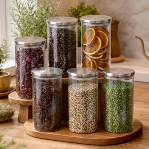 Image of amazon basics Large Fluted Glass Jars with Stainless Steel Lids, Set of 6, 1000ml Decorative Kitchen Storage Containers for Flour, Cookies, Dry Fruits, Pasta & Pantry Staples