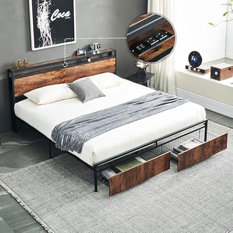 Eifizek King Size Bed Frame with Charging Station, Platform Bed Frame with Storage Headboard and Drawers, Easy Assembly, No Box Spring Needed (Brown) Cover