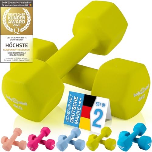 Body & Mind® Rutschfeste Neopren Kurzhanteln - Fitness Hantelset Damen | Bodenschonende Gewichte mit Sechseck-Design gegen Wegrollen, sicherer Grip bei Schweiß, platzsparend fürs H
