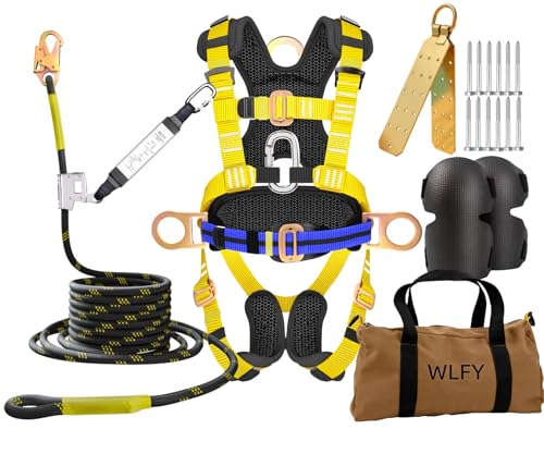 WLFY 50FT Roofers Safety Bucket Kit Upgrade Safety Harness Roof Anchor Reusable Roofing Knee Padsand 50ft Vertical Lifeline Assembly ANSI Compliant