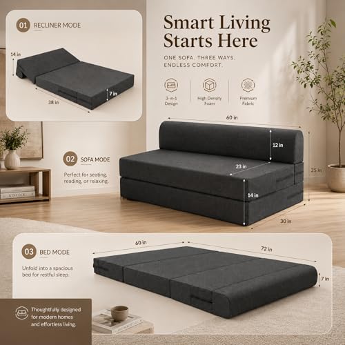 Image of Rhythm Foldable Sofa Cum Bed | 3 Seater Sofabed with 2 Cushions High-Density Foam 3-in-1 Convertible Sofa Cum Bed for Living Room & Bedroom | Jute Fabric Washable with 3 Years Warranty (72x60)