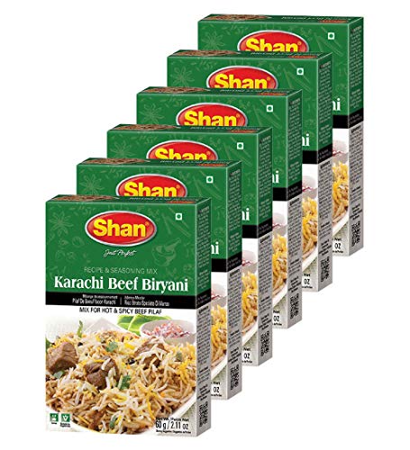 Shan Karachi Beef Biryani Recipe and Seasoning Mix 2.11 oz (60g) - Spice Powder for Hot and Spicy Beef Pilaf - Suitable for Vegetarians - Airtight Bag in a Box (Pack of 6)