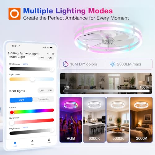 Image of addlon 24'' RGB Low Profile Ceiling Fans with Lights, App /Remote, White | Flush Mount Fandelier, 3CCT Dimmable LED, Bluetooth App /Remote, Timer, Memory, Reversible DC Motor, Bedroom /Kids room
