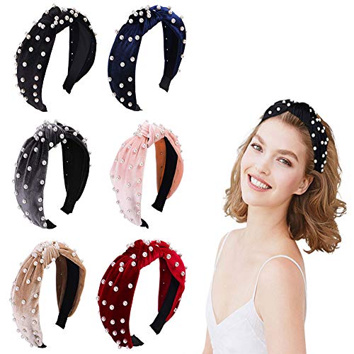 AmFor 6 Pieces Pearl Knotted Headband Faux Pearl Wide Vintage Hairband Retro Twisted Velvet Headband Hair Accessories for Women Girls, 6 Colors