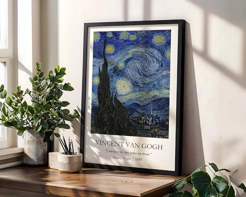 Image of Waltractive Vincent Van Gogh Paintings Framed Poster with Beautiful Quotes - Available in 33x22 and 48x33 CM - Classic Art Poster with sleek Black Frame - Elegant Home and Office Decor (Starry Night, 13x19 Inch, Framed)