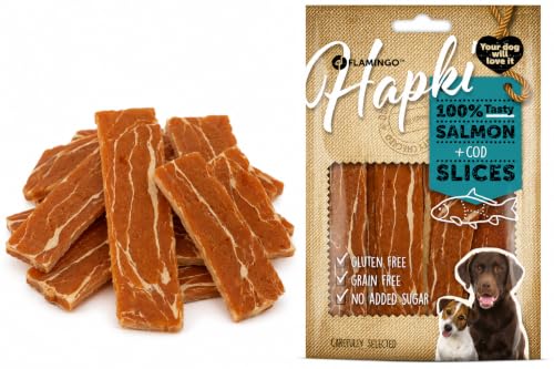 Snacks para Perros - Hapki Rodajas de salmón y Bacalao - Sin Gluten - Sin Cereales - 85 g - Flamingo