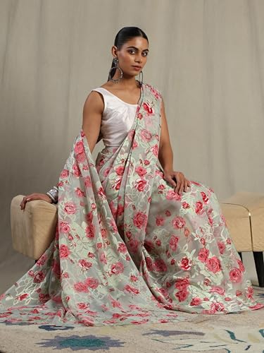Image of Garden Vareli Summer Roganza Viscose Brasso Floral Print Saree with Unstitched Blouse Piece