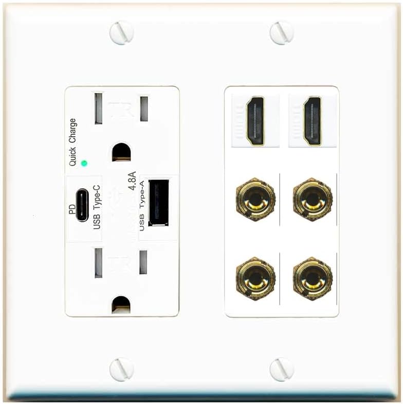 RiteAV 2 Speaker 4 Banana Binding Post Wall Plate with 2 HDMI Jacks - USB A+C Outlet [Red/White]
