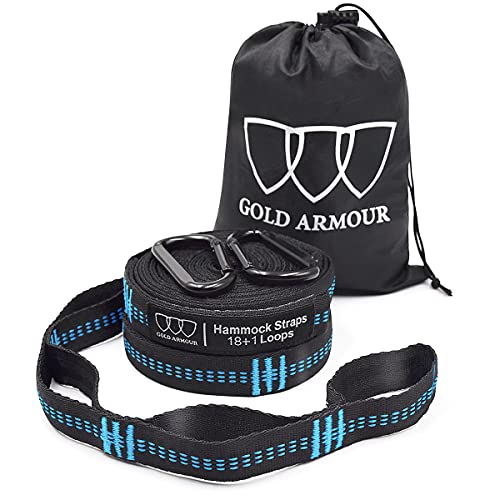 Gold Armour XL Hammock Straps Combined 20 Ft Long, 36 Loops with 2 Carabiners - Must Have Camping Hammock Accessories & Gear to Hang Camping Hammocks (Black with Sky Blue Stitching)