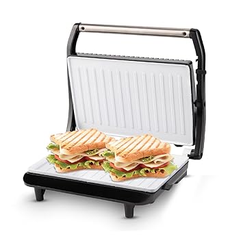 KENT Sandwich Grill | Ceramic Coated,Non-Toxic,Non Stick,Fixed Grill plate | Toaster Griller Sandwich Maker | Auto Cut Off | LED Indicator | 180°Open | Adjustable Height Control | Metallic Silver - image, photos
