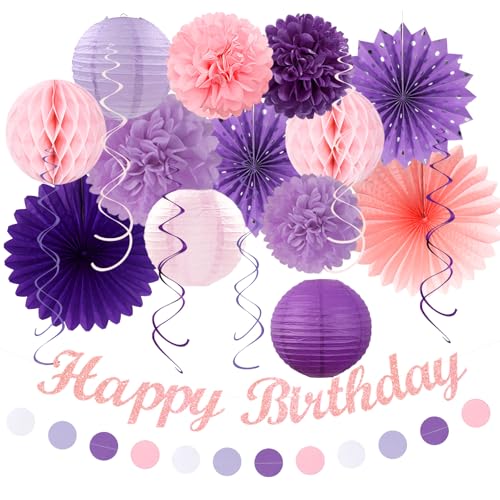 Image of Purple Lilac-Lavender Pink Women Birthday Party-Decorations - 21pcs Happy Banner,Paper Lanterns Honeycomb,Tissue Pom Poms Flower Fan,Classroom Hanging Streamers Garland,Girls Decor Supplies Huglony