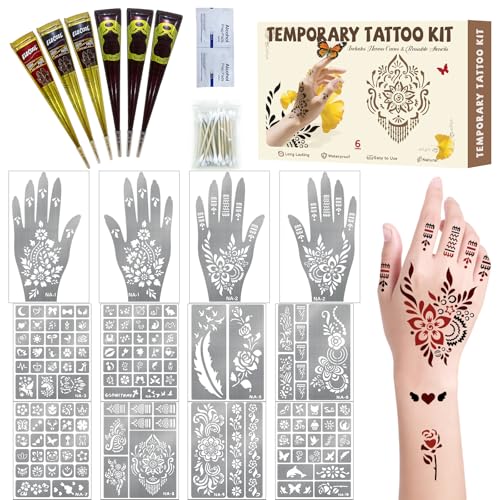 Gabizafia 136 PCS Henna Tattoo Stencil Kit 6 PCS Henna Cones Brown Red Black Henna DIY Face Body Art Mehndi Henna Stencils Skin Painting Tattoos Kit for Adult Women Men Bridal Wedding Ramadan Party