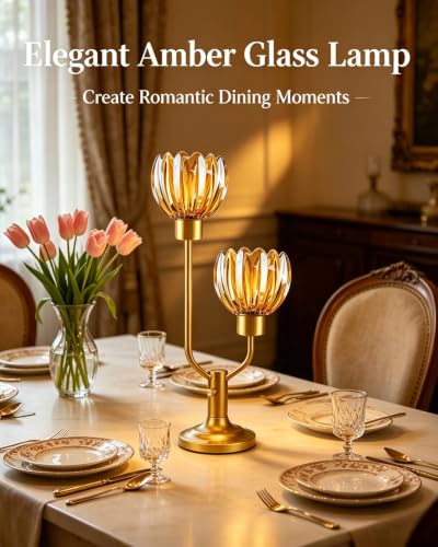 Image of Lightdot Mid Century Modern Table Lamp Amber Glass Vintage Lamp Dimmable | Flower Nightstand Lamp Gold Desk Lamp 2 Bulbs Included Warmwhite Ambient Bedside Lamp for Bedroom Living Room Home Decor Gift