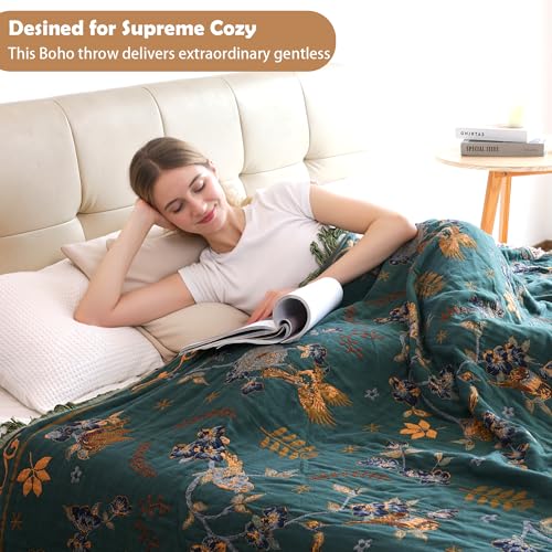 Image of VANJOROY Boho 100% Cotton Large Throw Blanket King - All Season Rustic Ultra Soft Breathable Floral Bird Blanket for Bed Sofa Couch Chair Bedspread Quilt Gift, 91 inch x 108 inch-Teal /Beige