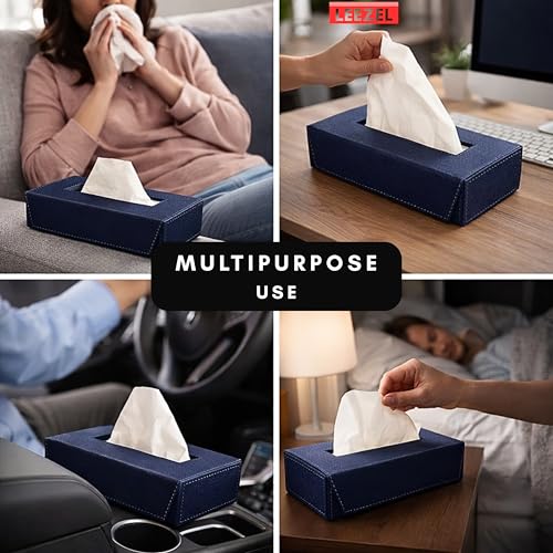 Image of LEEZEL| Tissue Box Holder with 100 Pulls Cotton Rags Tissue | Handcrafted Fine Leather - Like Finish | for Gifting, Office Desks, Cars & Home Decor | Durable & Water Resistant. (Blue)