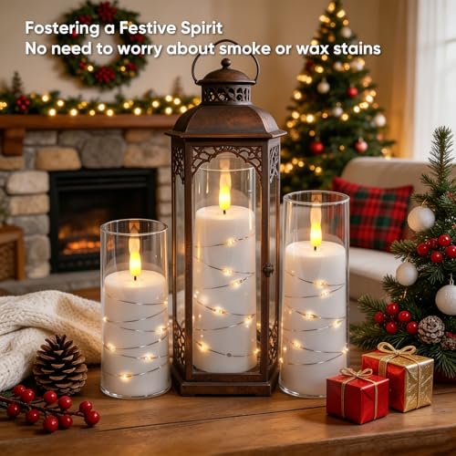 Image of Raycare Flameless Candle with Remote Timer, 3 Flickering Acrylic Battery Operated LED Pillar Candles with Embedded Star String for Home Decor, Christmas, Wedding, Home Table Decor(White)
