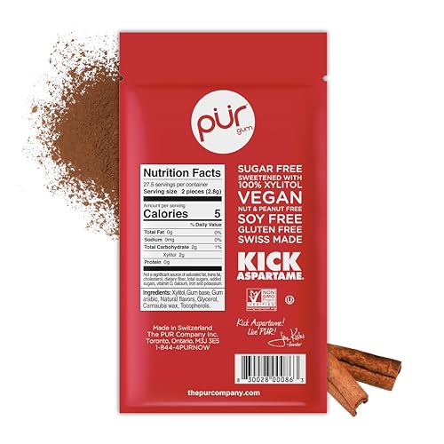Image of PUR Gum | Aspartame Free Chewing Gum | 100% Xylitol | Natural Cinnamon Flavored Gum, 55 Pieces (Pack of 12)