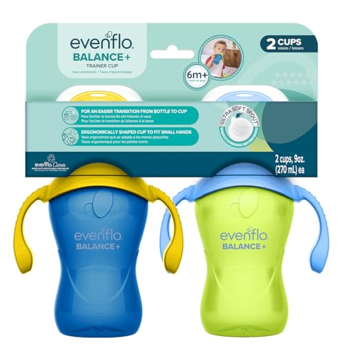 Evenflo Balance+ Trainer Cups for Babies 6+ Months, Blue and Green, 9oz, 2 Pack, Ergonomic Design with Ultra Soft Spout