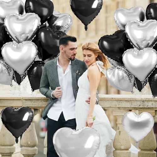 Image of Black Silver Heart Balloons, 10 Pcs 18 Inch Metallic Silver Black Heart Shaped Balloon Foil Balloons Helium for Boys Men Brithday Bridal Baby Shower Valentines Day Halloween Party Decorations