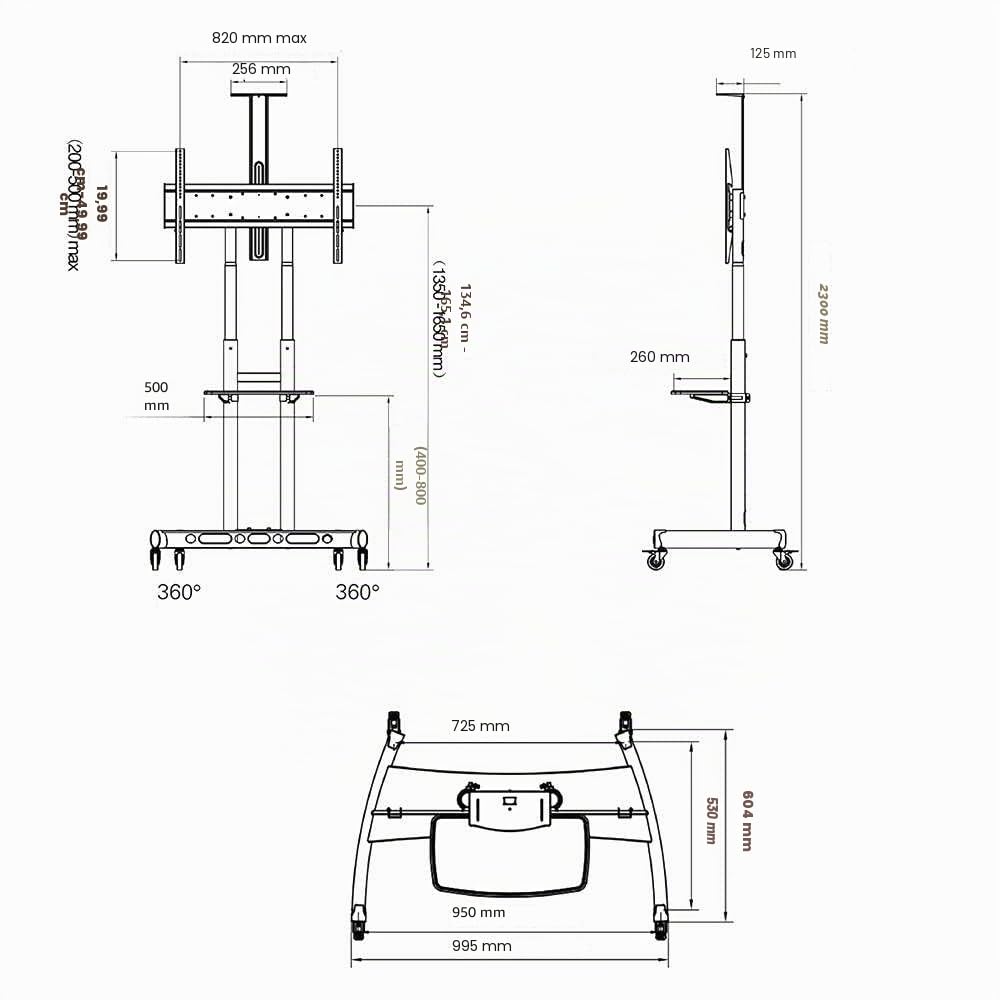 Ergosolid Pied Pivotant et Réglable en Hauteur de 55 à 80 Pouces Chariot TV Meuble Télé Support avec Roulette VESA Max de 800 x 500 mm Capacité Max de 90,9 kg, Noir