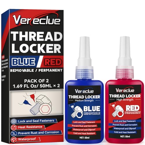 Thread Lock 50ml Blue and 50ml Red, Medium Strength and Strong Strength Threadlocker, Thread Locker for Metal, Fasteners, Nuts, Bolts to Against Losening and Seal