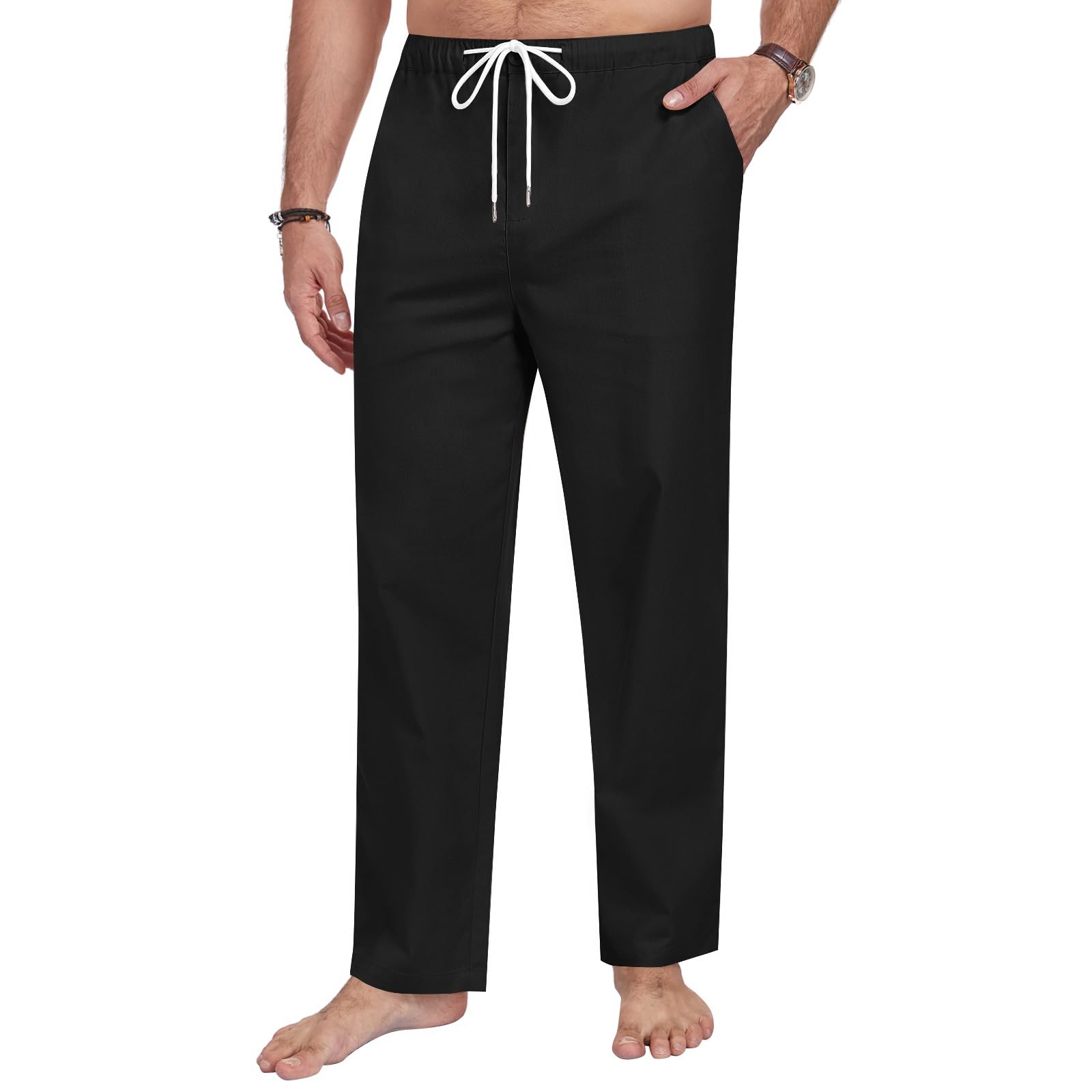 Litthing Herren Baumwolle Leinenhose Leicht Sommerhose Baggy Jogginghose Elastischem Bund Freizeithose mit Kordelzug und Taschen für Urlaub Strand Täglichen