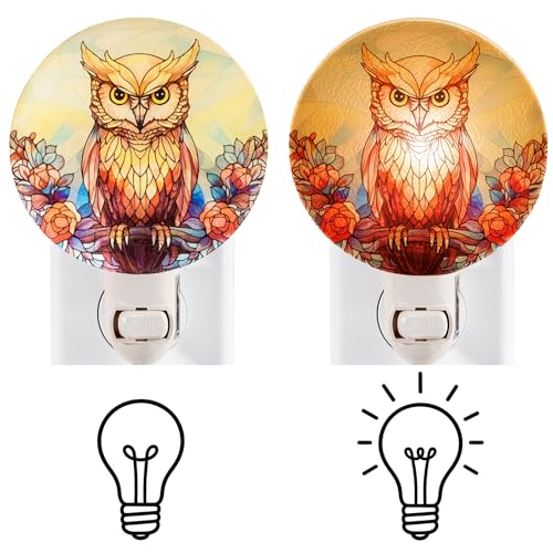 Image of Owl Night Light Vintage Retro Cottage Core Bird Figurine Plug in Wall On /Off Switch Tiffany Stained Glass Style